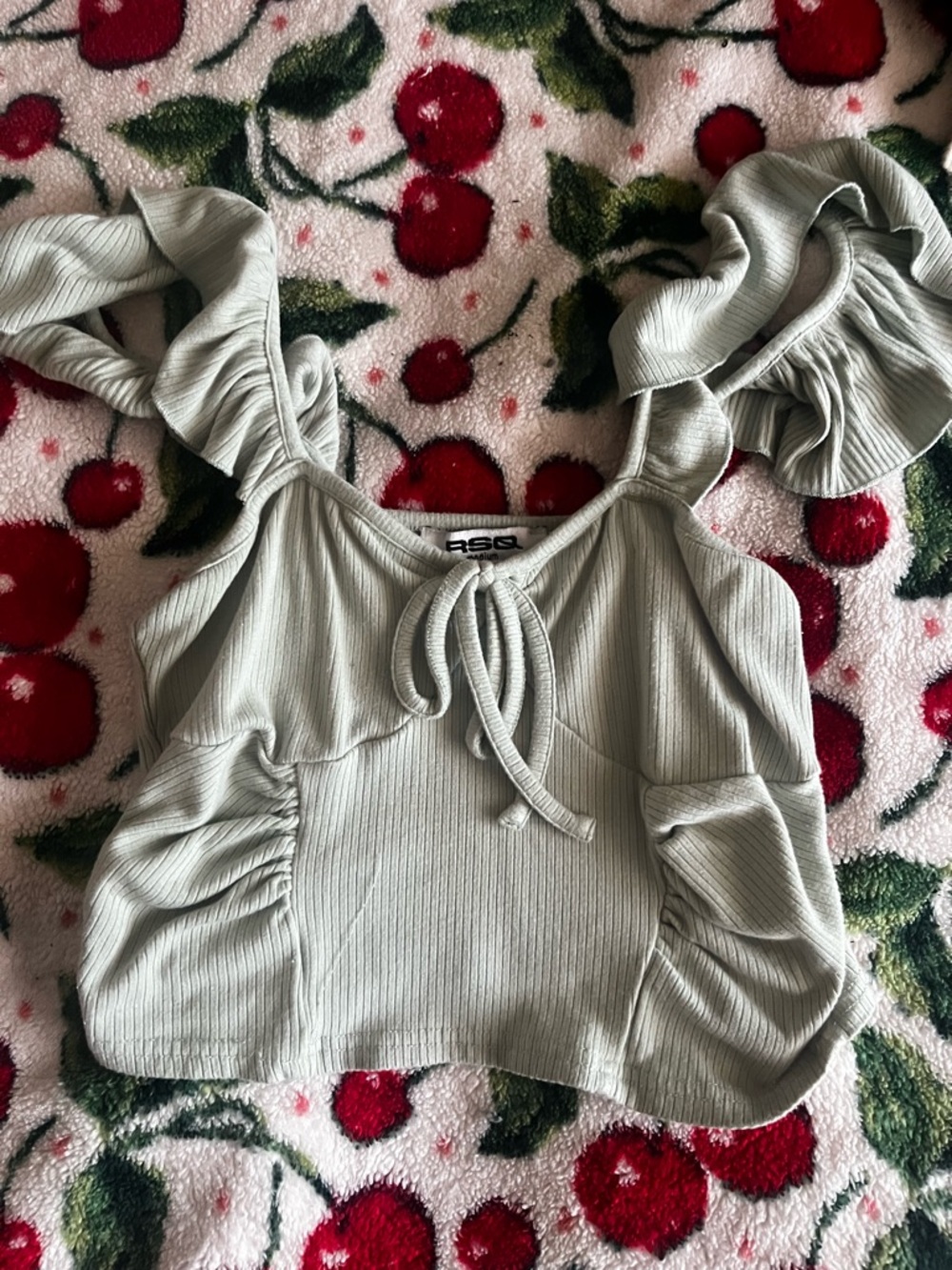 RSQ Sage Green Ruffle Strap Ribbed Crop Top